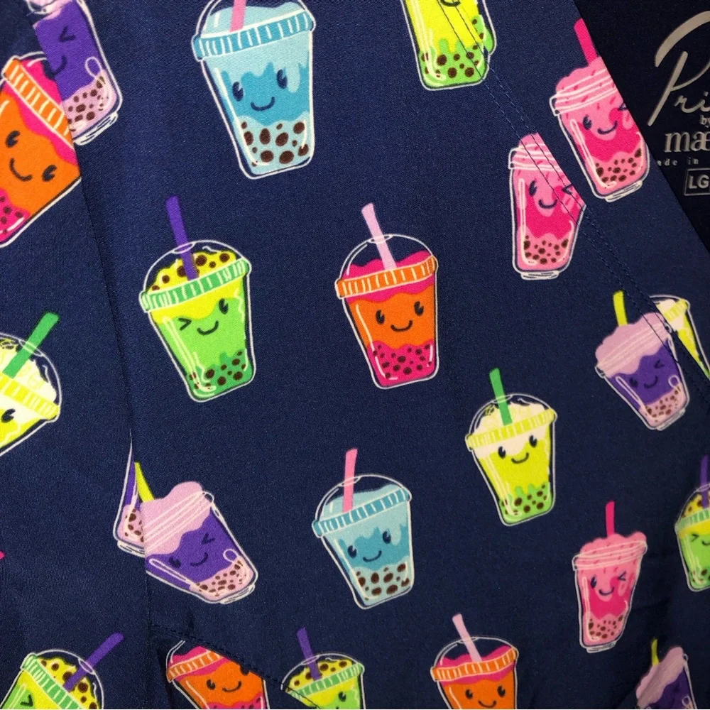 NWT Maevn Blue Boba drink Pattern short sleeve V neck scrub top - Picture 2 of 7